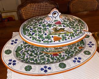 Large Williams Sonoma Hand Painted Rabbit Soup Tureen Server W/ Ladle & Tray From Italy