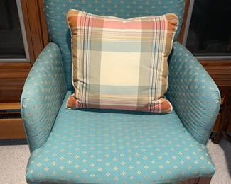 Accent Green Upholstered Arm Chair With Decorative Plaid Pillow