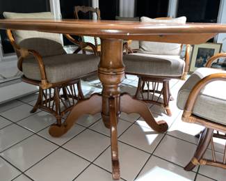 Kitchenette Wooden Table Set With Fabulous Mid-Century Modern/Boho Bamboo Swivel Chairs