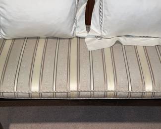 Beautiful Black & Gold Painted Bench With Striped Upholstered Seat & Cane Sides