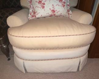 Oversized Cream Colored Arm Chair With Pink Swirl Trim & Pink Floral Accent Pillow Made By "The Newport Collection" For Bloomingdales