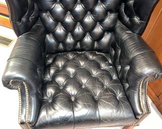 Large Black Leather Upholstered Arm Chair With Nail Head Trim & Wooden Legs