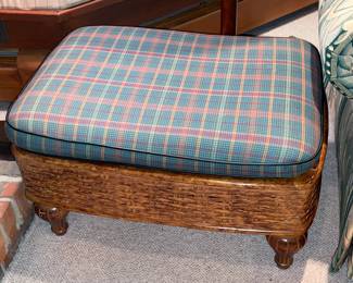 Accent Ottoman With Blue & Red Plaid Upholstered Top & Wicker Bottom