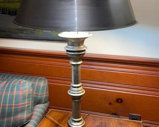 Antique Silver Toned Table Lamp W/ Tin Lamp Shade