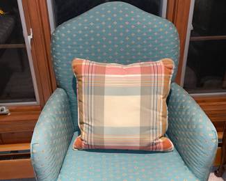 Accent Green Upholstered Arm Chair With Decorative Plaid Pillow