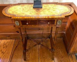 Beautiful Small Wooden Accent Table With Leather Top, Metal Accents, & Inlaid Wood By Maitland Smith