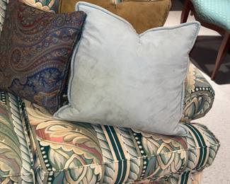 Green Patterned Upholstered Couch With Decorative Pillows (2 Available)