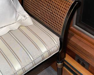 Beautiful Black & Gold Painted Bench With Striped Upholstered Seat & Cane Sides