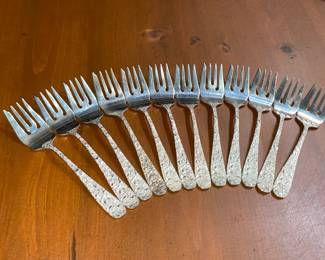 Stieff "Rose" Pattern Sterling Silver Flatware Set (12 Dinner Forks, 12 Seafood Forks, 12 Salad Forks, 12 Round Soup Spoons, 12 Dinner Knives, 12 Demi-Tasse Spoons, 12 Tea Spoons, 1 Sugar Serving Spoon, 1 Solid Serving Spoon, 1 Pierced Serving Spoon, 1 Ladle, 1 Pickle Fork, 1 Olive Fork, 4 Butter Spreaders, & 1 Pie Server)