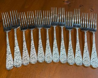 Stieff "Rose" Pattern Sterling Silver Flatware Set (12 Dinner Forks, 12 Seafood Forks, 12 Salad Forks, 12 Round Soup Spoons, 12 Dinner Knives, 12 Demi-Tasse Spoons, 12 Tea Spoons, 1 Sugar Serving Spoon, 1 Solid Serving Spoon, 1 Pierced Serving Spoon, 1 Ladle, 1 Pickle Fork, 1 Olive Fork, 4 Butter Spreaders, & 1 Pie Server)