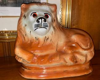 Genuine Antique Staffordshire England Lions With Glass Eyes (Stamped On Bottom)