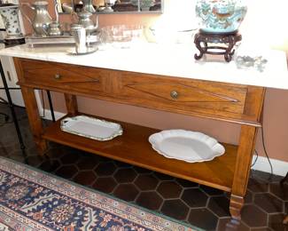 Large Dining Room Buffet Console Table With White Marble Top, 2 Drawers, & Bottom Shelf
