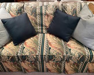 Green Patterned Upholstered Couch With Decorative Pillows (2 Available)