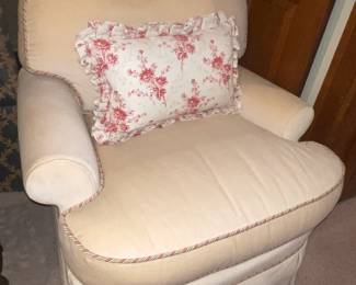 Oversized Cream Colored Arm Chair With Pink Swirl Trim & Pink Floral Accent Pillow Made By "The Newport Collection" For Bloomingdales