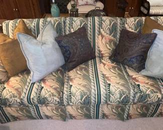 Green Patterned Upholstered Couch With Decorative Pillows (2 Available)