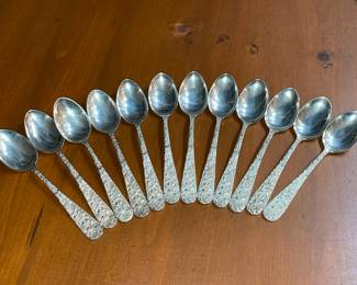 Stieff "Rose" Pattern Sterling Silver Flatware Set (12 Dinner Forks, 12 Seafood Forks, 12 Salad Forks, 12 Round Soup Spoons, 12 Dinner Knives, 12 Demi-Tasse Spoons, 12 Tea Spoons, 1 Sugar Serving Spoon, 1 Solid Serving Spoon, 1 Pierced Serving Spoon, 1 Ladle, 1 Pickle Fork, 1 Olive Fork, 4 Butter Spreaders, & 1 Pie Server)