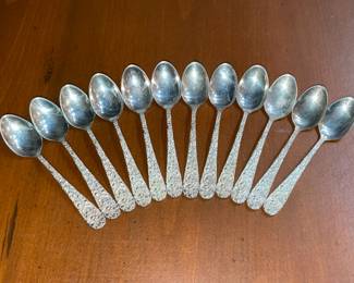 Stieff "Rose" Pattern Sterling Silver Flatware Set (12 Dinner Forks, 12 Seafood Forks, 12 Salad Forks, 12 Round Soup Spoons, 12 Dinner Knives, 12 Demi-Tasse Spoons, 12 Tea Spoons, 1 Sugar Serving Spoon, 1 Solid Serving Spoon, 1 Pierced Serving Spoon, 1 Ladle, 1 Pickle Fork, 1 Olive Fork, 4 Butter Spreaders, & 1 Pie Server)