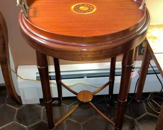 Round Accent Table With Inlaid Wood, Lift Up Tray, Brass Handles
