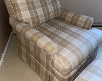 Comfy Brown & White Plaid Upholstered Arm Chair & Matching Ottoman