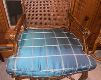 Accent Wooden Arm Chair With Cane Back & Upholstered Seat