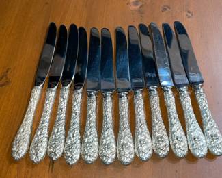 Stieff "Rose" Pattern Sterling Silver Flatware Set (12 Dinner Forks, 12 Seafood Forks, 12 Salad Forks, 12 Round Soup Spoons, 12 Dinner Knives, 12 Demi-Tasse Spoons, 12 Tea Spoons, 1 Sugar Serving Spoon, 1 Solid Serving Spoon, 1 Pierced Serving Spoon, 1 Ladle, 1 Pickle Fork, 1 Olive Fork, 4 Butter Spreaders, & 1 Pie Server)