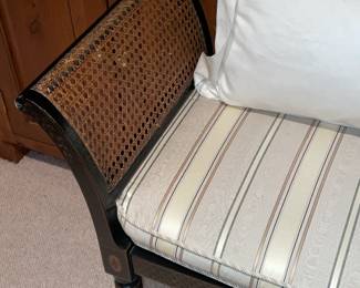 Beautiful Black & Gold Painted Bench With Striped Upholstered Seat & Cane Sides
