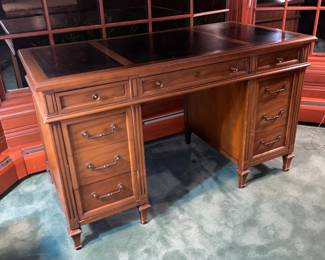Large Wooden Desk With Black Leather Top