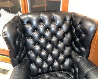 Large Black Leather Upholstered Arm Chair With Nail Head Trim & Wooden Legs