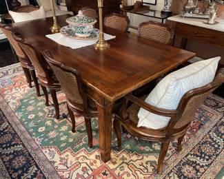 Large Wooden Dining Room Table Set With 8 Cane Back Chairs