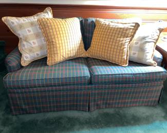 Green & Red Plaid Upholstered Couch With Decorative Pillows