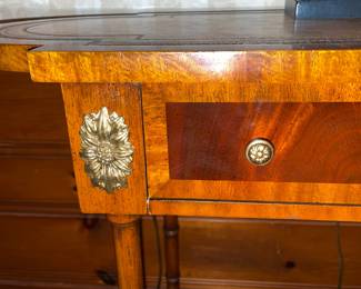 Beautiful Small Wooden Accent Table With Leather Top, Metal Accents, & Inlaid Wood By Maitland Smith