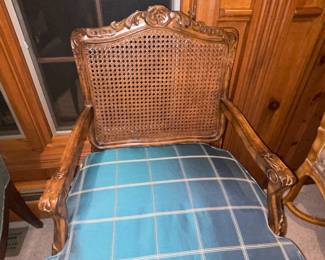 Accent Wooden Arm Chair With Cane Back & Upholstered Seat