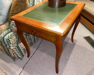 Wooden End Table With Green Leather Top & 1 Drawer