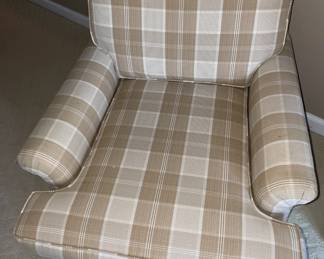 Comfy Brown & White Plaid Upholstered Arm Chair & Matching Ottoman