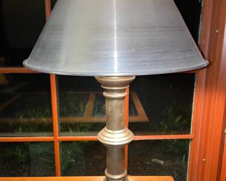 Antique Silver Toned Table Lamp W/ Tin Lamp Shade