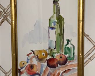 Gold Framed Wine Motif Watercolor Artwork (Signed)