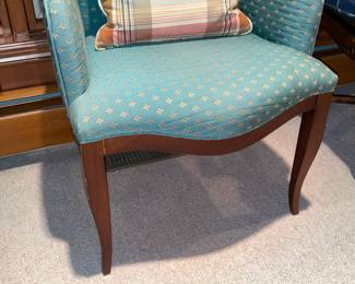 Accent Green Upholstered Arm Chair With Decorative Plaid Pillow