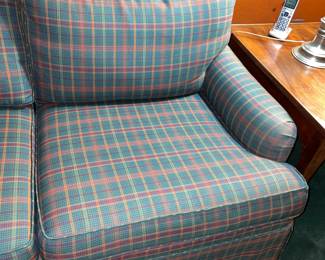 Green & Red Plaid Upholstered Couch With Decorative Pillows