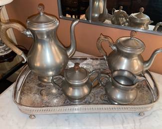 Pewter Tea Service Set On Tray