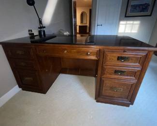 Large Wooden Desk W/ Brass Handle Details