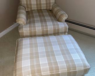 Comfy Brown & White Plaid Upholstered Arm Chair & Matching Ottoman