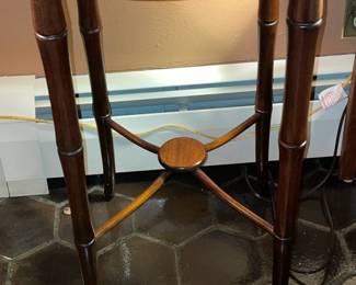 Round Accent Table With Inlaid Wood, Lift Up Tray, Brass Handles
