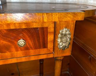 Beautiful Small Wooden Accent Table With Leather Top, Metal Accents, & Inlaid Wood By Maitland Smith