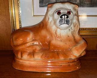 Genuine Antique Staffordshire England Lions With Glass Eyes (Stamped On Bottom)