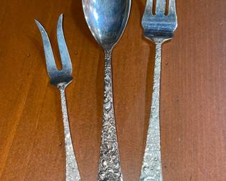 Stieff "Rose" Pattern Sterling Silver Flatware Set (12 Dinner Forks, 12 Seafood Forks, 12 Salad Forks, 12 Round Soup Spoons, 12 Dinner Knives, 12 Demi-Tasse Spoons, 12 Tea Spoons, 1 Sugar Serving Spoon, 1 Solid Serving Spoon, 1 Pierced Serving Spoon, 1 Ladle, 1 Pickle Fork, 1 Olive Fork, 4 Butter Spreaders, & 1 Pie Server)