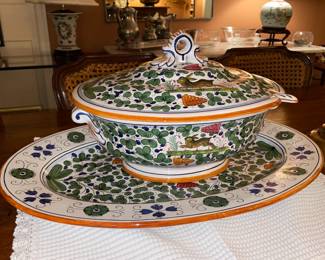 Large Williams Sonoma Hand Painted Rabbit Soup Tureen Server W/ Ladle & Tray From Italy