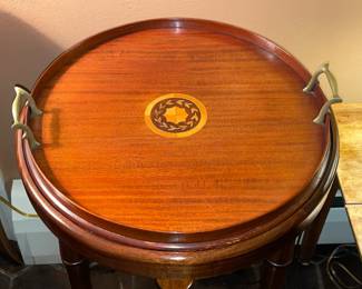 Round Accent Table With Inlaid Wood, Lift Up Tray, Brass Handles