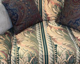 Green Patterned Upholstered Couch With Decorative Pillows (2 Available)