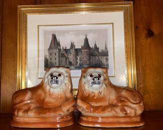 Genuine Antique Staffordshire England Lions With Glass Eyes (Stamped On Bottom)