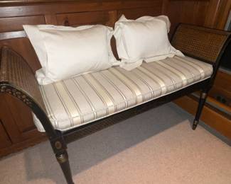 Beautiful Black & Gold Painted Bench With Striped Upholstered Seat & Cane Sides
